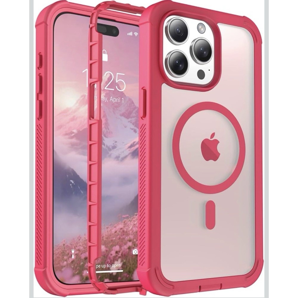 D0046-Shockproof Case for iPhone 15 Pro Max Pink Magnetic Translucent Dual Layer